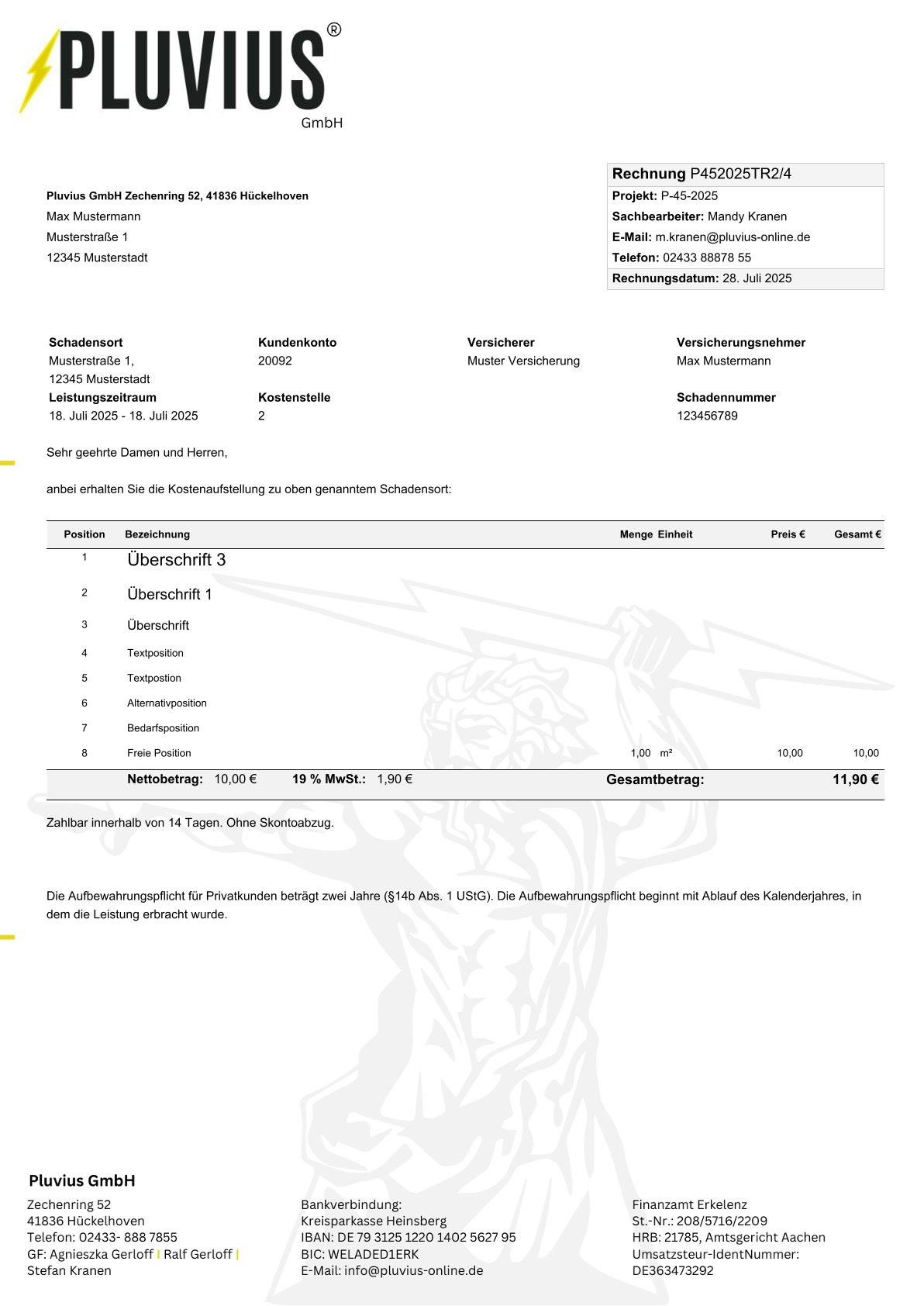PDF-Vorlage: Rechnung Projektübersicht Tabelle 2. Briefpapier auf den Folgeseiten