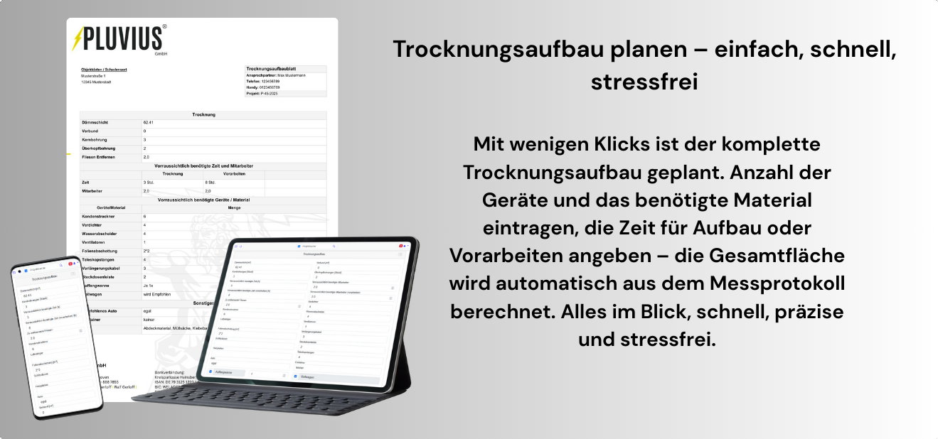 Dokumentierter Trocknungsaufbau mit GerÃ¤ten und Messdaten